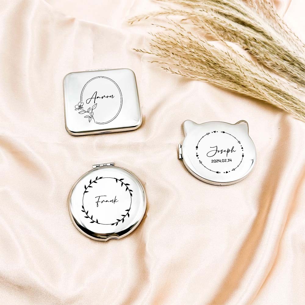 Personalized Engraved Silver Compact Mirror Favor, Custom Engraved Name Pocket Mirror, Gift for Her, Bridesmaid Gifts, Wedding Party Gifts