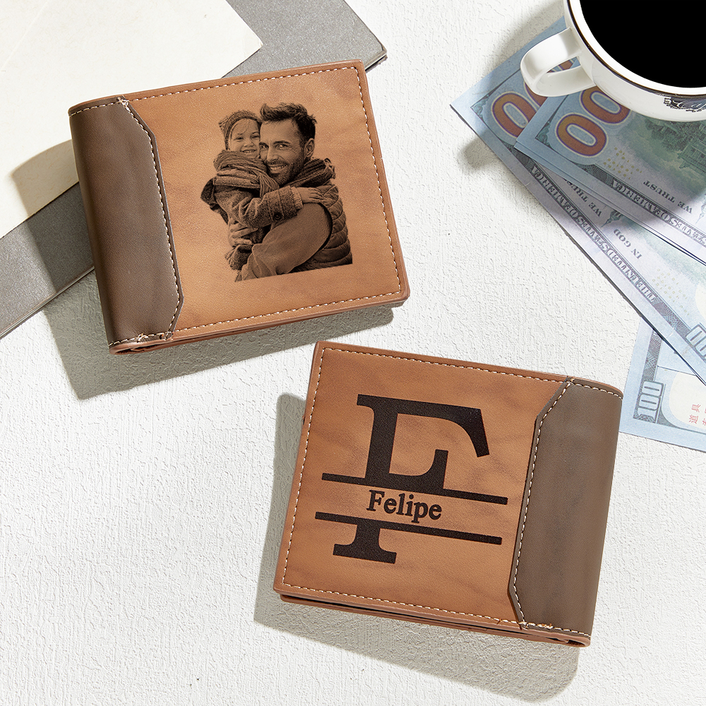 Father's Day Gifts Custom Photo Engraved Name Leather Wallet Personalized Etched Picture Initial Wallet Unique Gift for Him