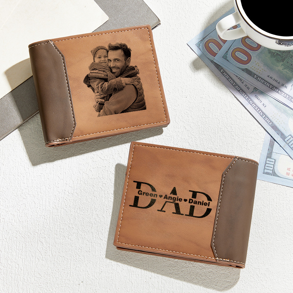 Father's Day Gift Personalized Photo & Name Leather Wallet Custom Engraved Leather Wallet with Photo & Kids' Names