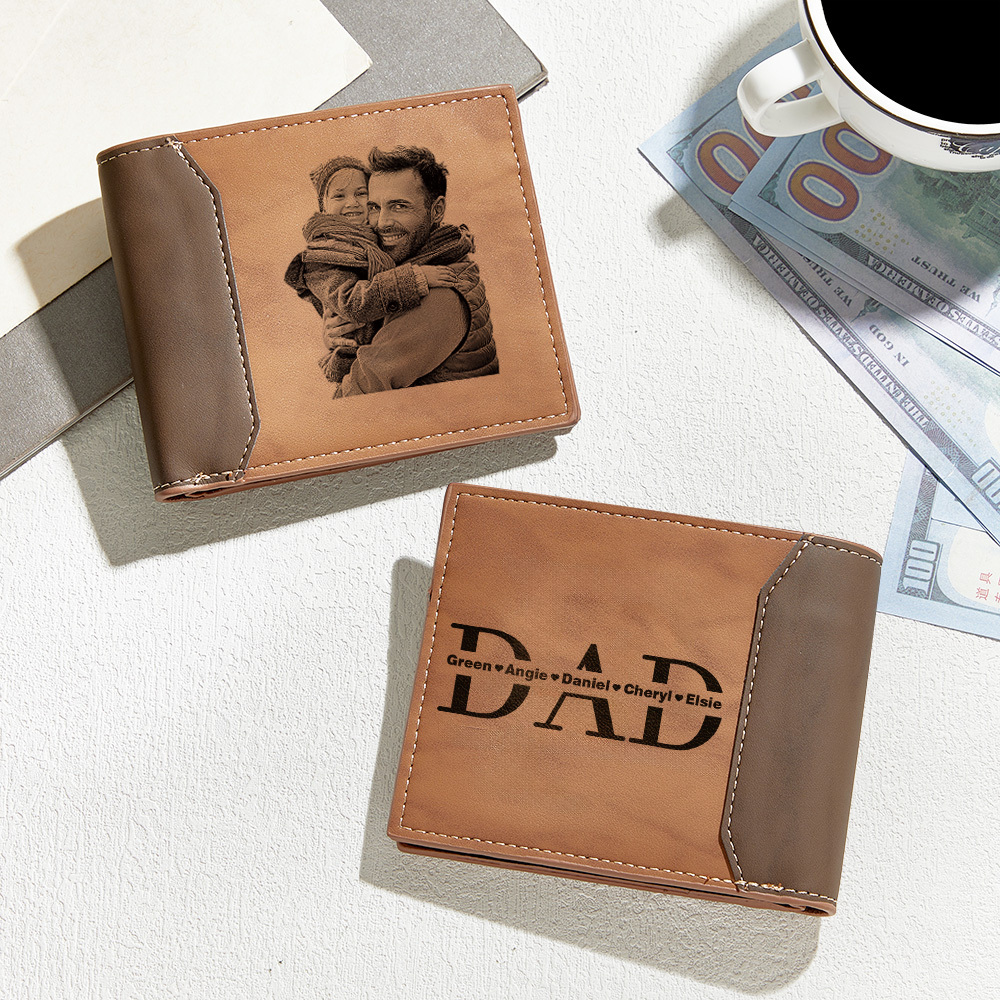 Father's Day Gift Personalized Photo & Name Leather Wallet Custom Engraved Leather Wallet with Photo & Kids' Names