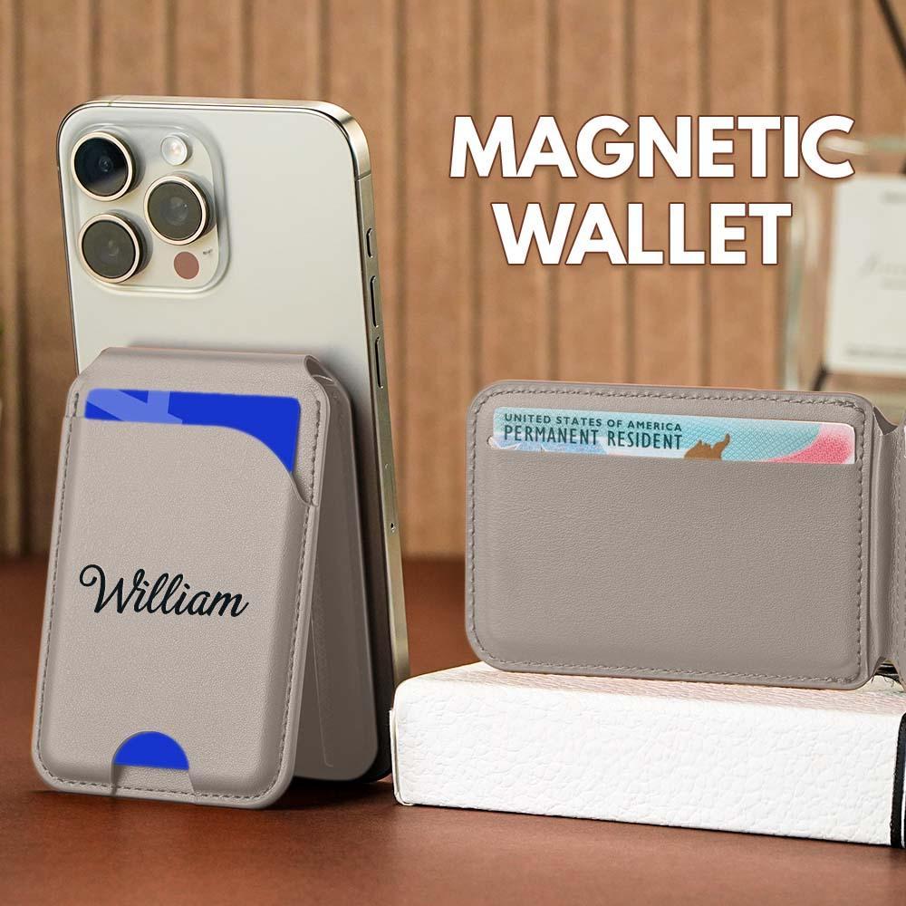 Personalized initials card pocket for iPhone magnetic faux leather flip stand, wallet with card slots, custom name clip