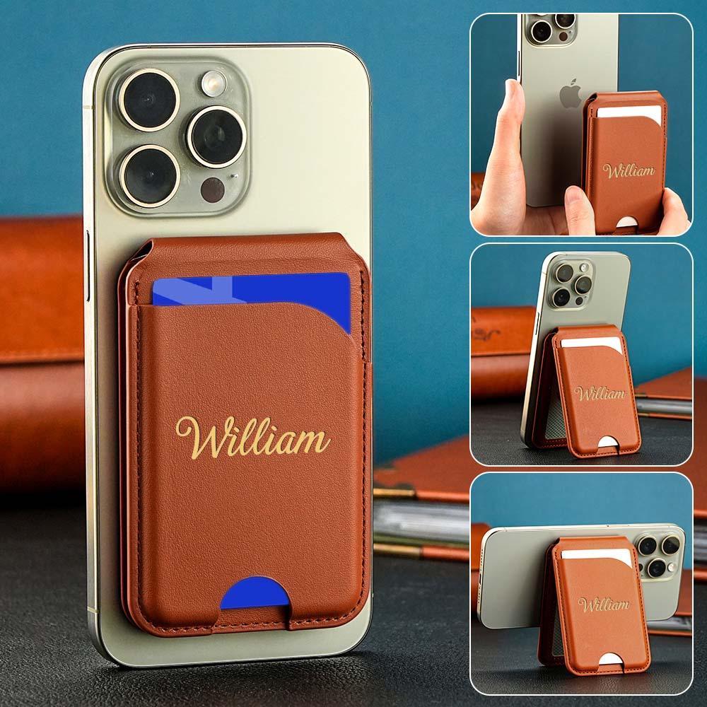 Personalized initials card pocket for iPhone magnetic faux leather flip stand, wallet with card slots, custom name clip