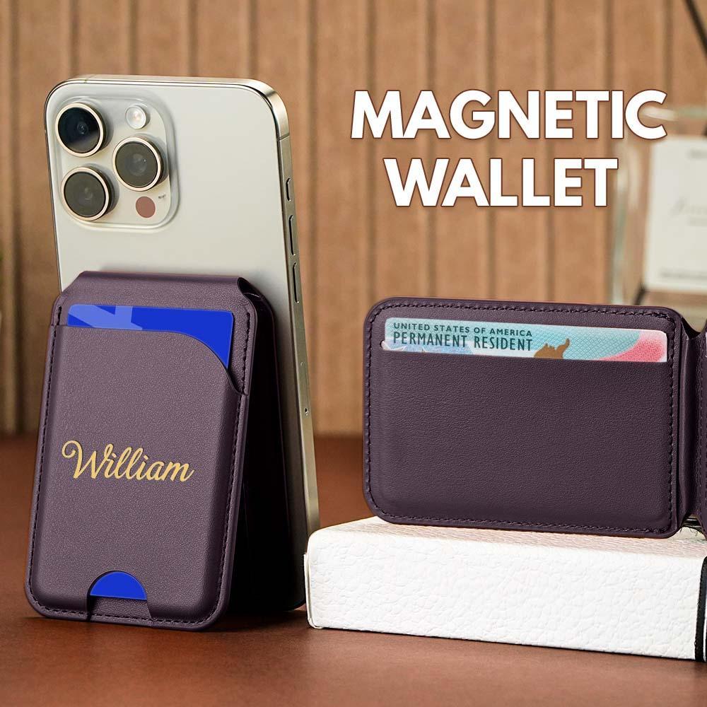 Personalized initials card pocket for iPhone magnetic faux leather flip stand, wallet with card slots, custom name clip