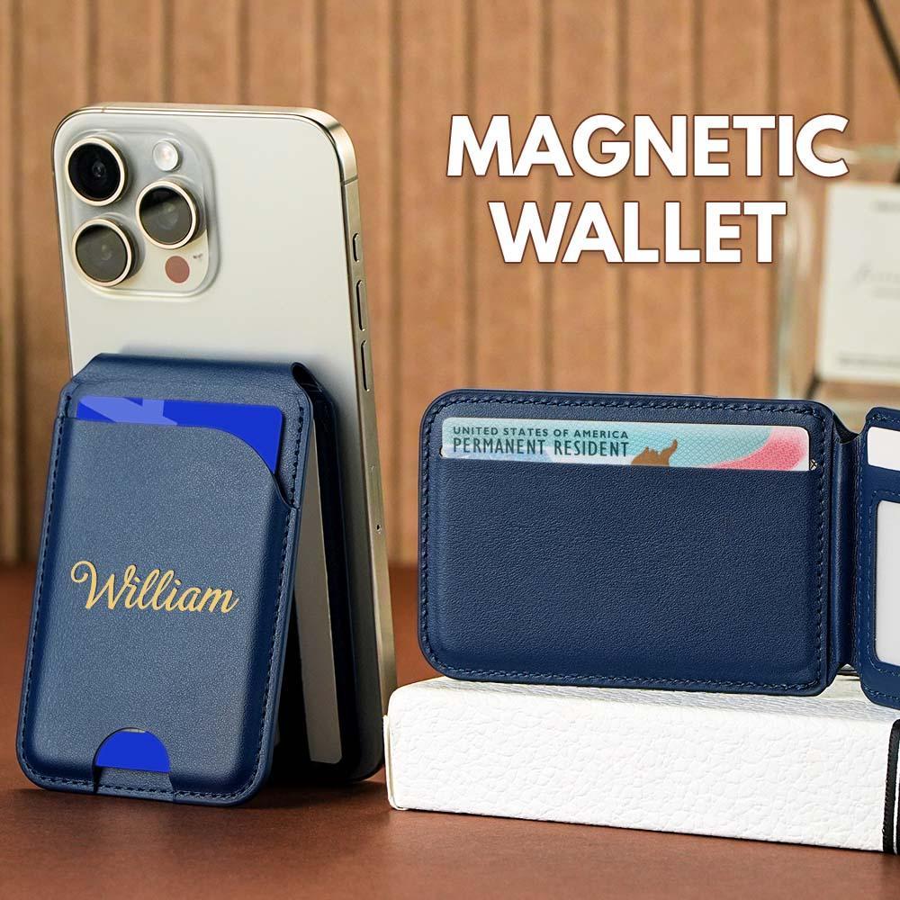 Personalized initials card pocket for iPhone magnetic faux leather flip stand, wallet with card slots, custom name clip