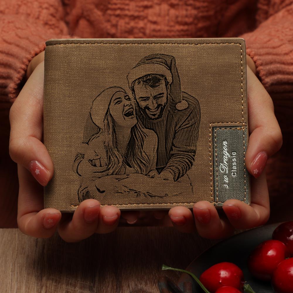Custom Photo Engraved Short Wallet Brown Personalised Gifts