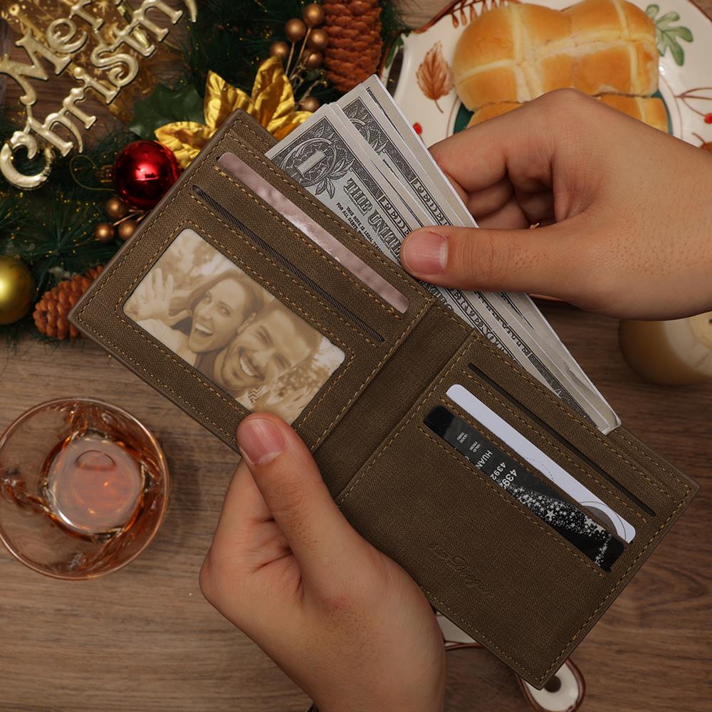 Custom Photo Engraved Short Wallet Brown Personalised Gifts
