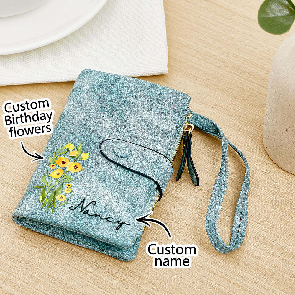 Personalized Name Colorful Birth Flower Wallet Card Holder Birthday Gift for her - Myphotowallet