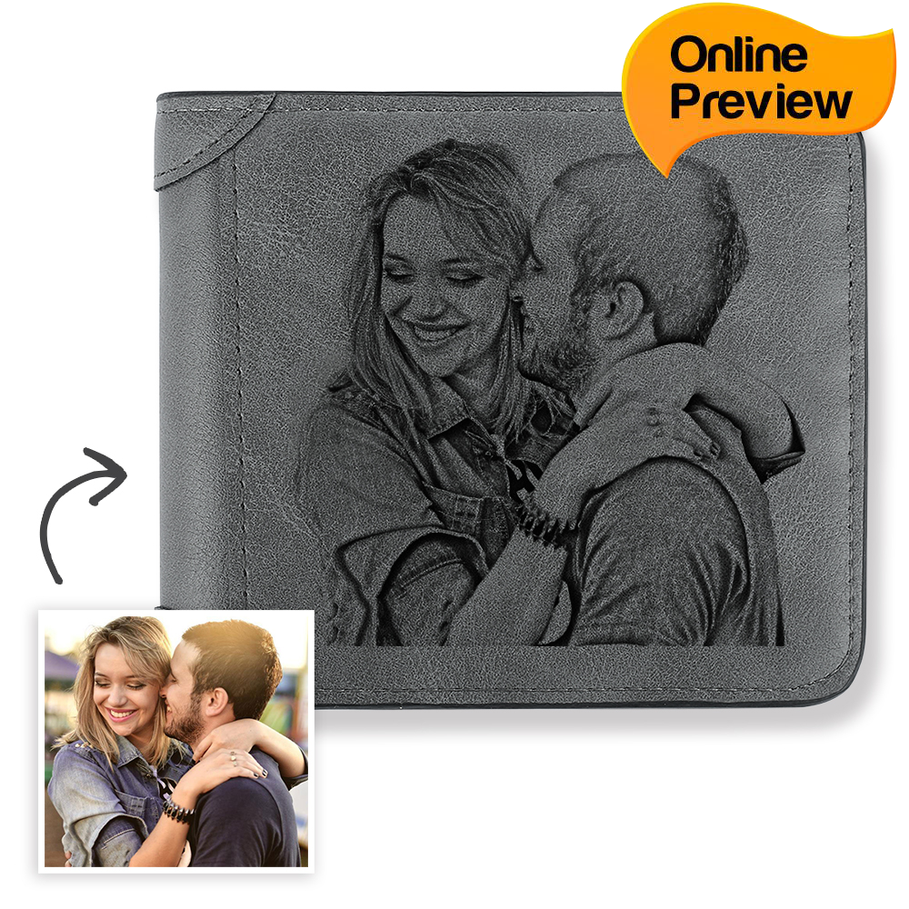 Custom Men's Photo Engraved Wallet Grey Leather