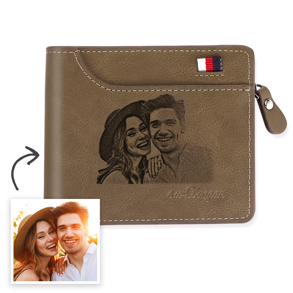 Men's Custom Engraved Photo Wallet Brown Leather With Coin Pocket