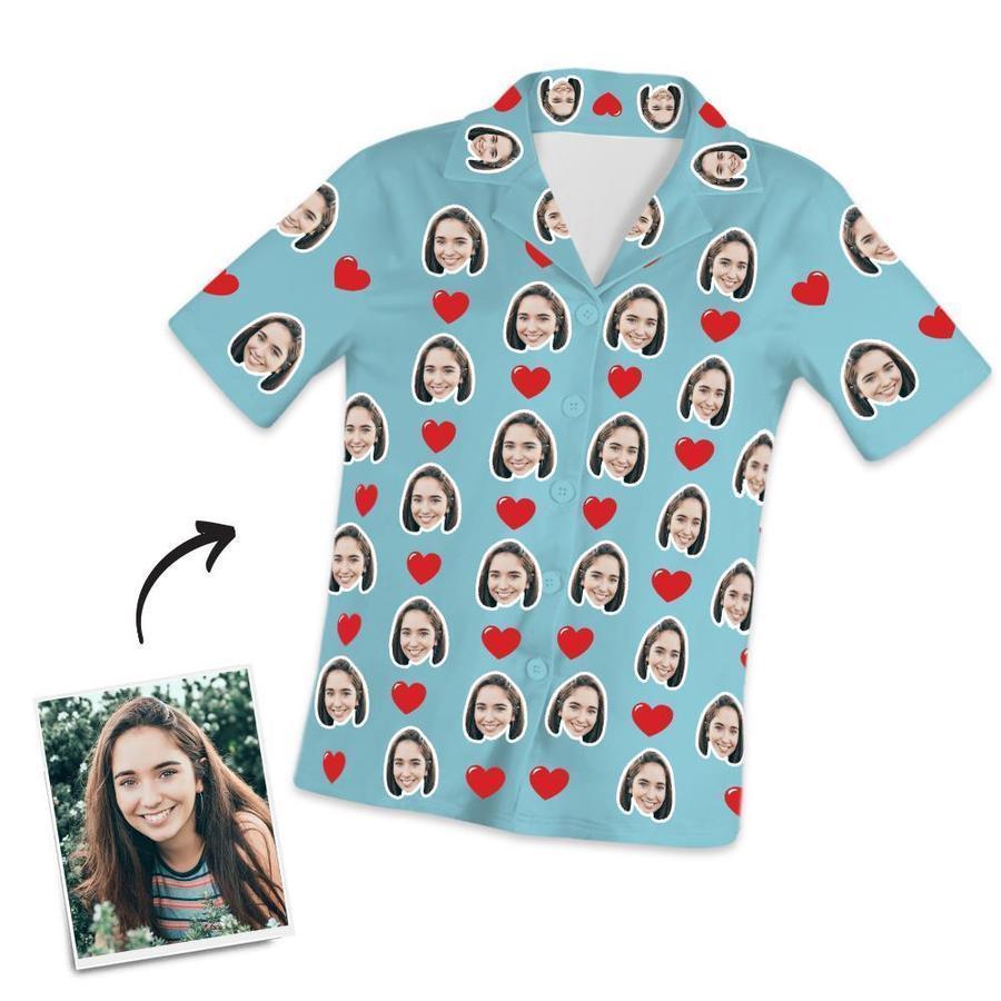 Customized Photo Face Short Sleeved Pajamas - Hearts - 