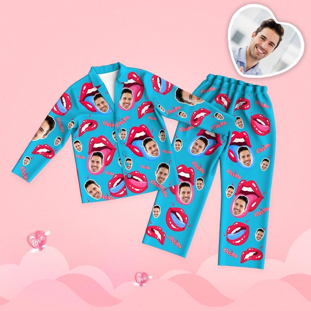 Valentine's Day Custom Face Tongue Kiss Printed Long Sleeve Pajamas Set - 