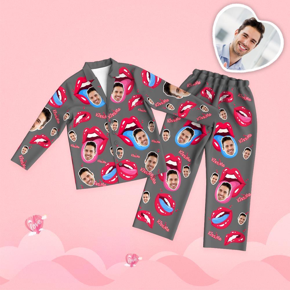 Valentine's Day Custom Face Tongue Kiss Printed Long Sleeve Pajamas Set - 
