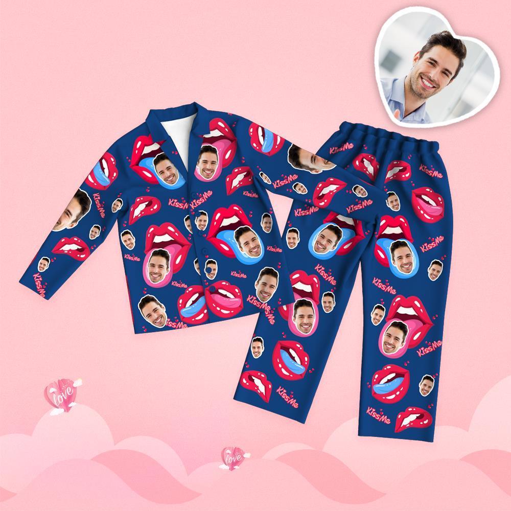 Valentine's Day Custom Face Tongue Kiss Printed Long Sleeve Pajamas Set - 