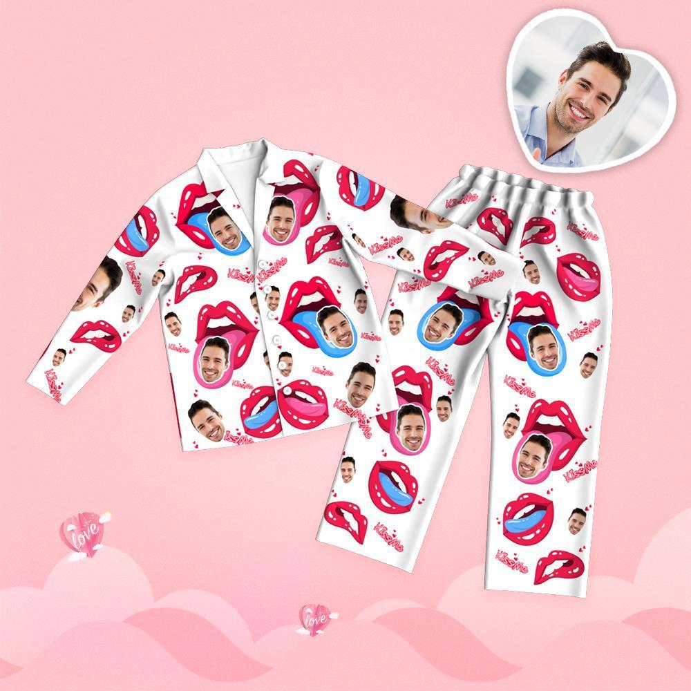 Valentine's Day Custom Face Tongue Kiss Printed Long Sleeve Pajamas Set - 