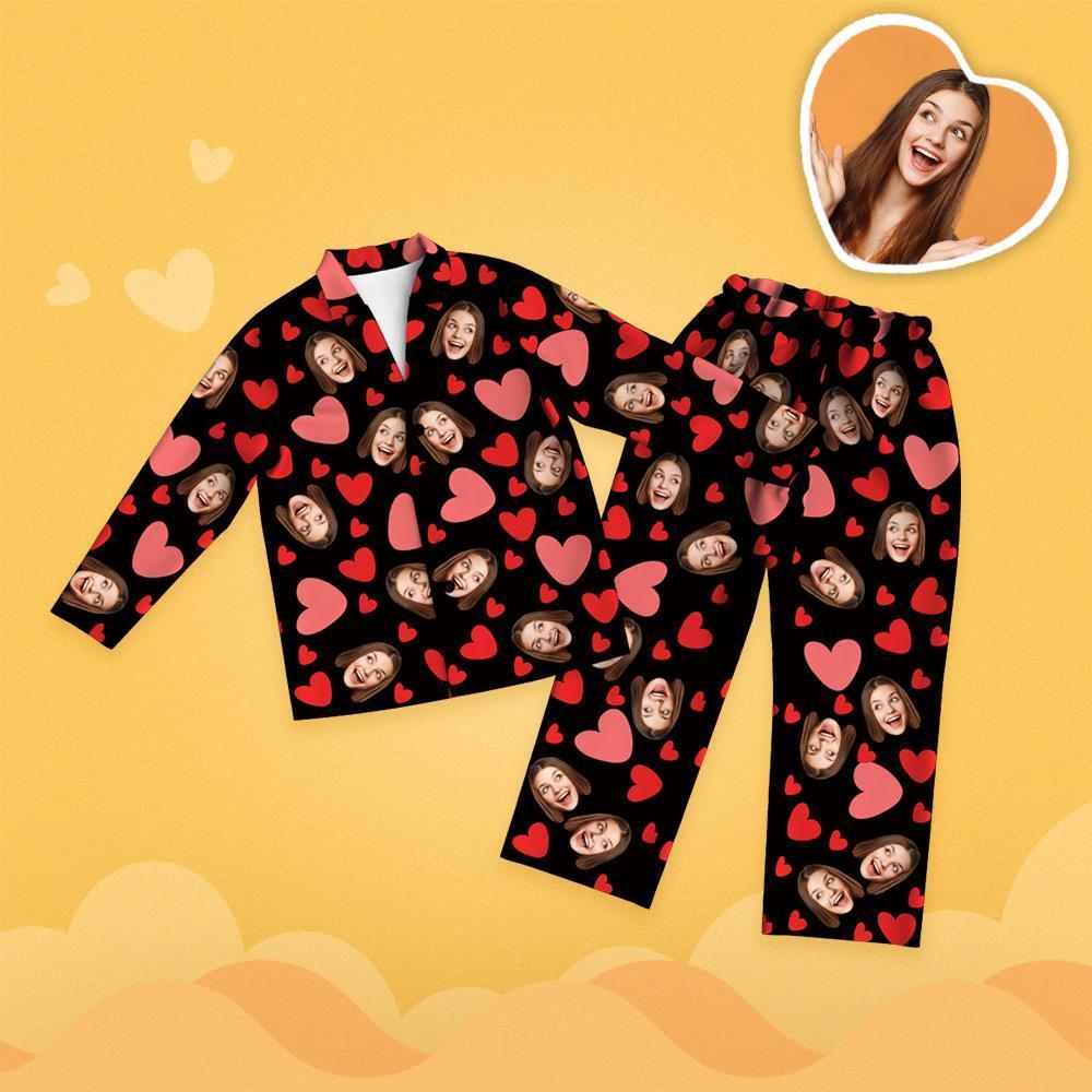 Valentine's Day Custom Face Red Heart Printed Long Sleeve Pajamas - 