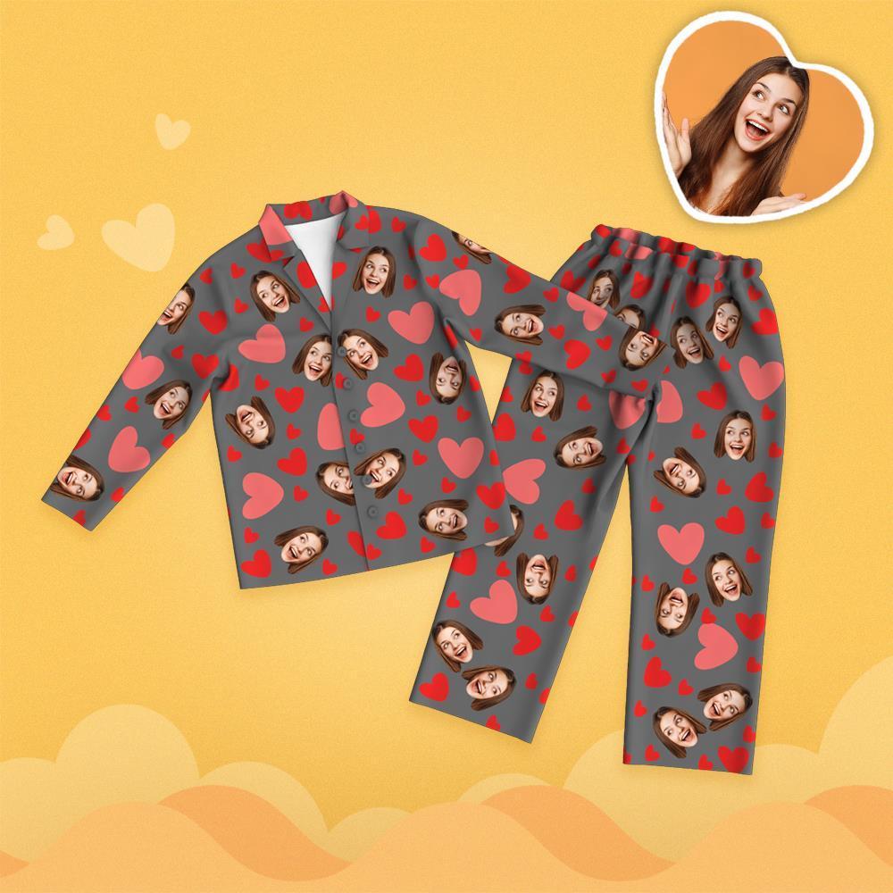 Valentine's Day Custom Face Red Heart Printed Long Sleeve Pajamas - 