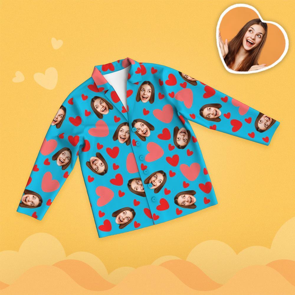 Valentine's Day Custom Face Red Heart Printed Long Sleeve Pajamas - 