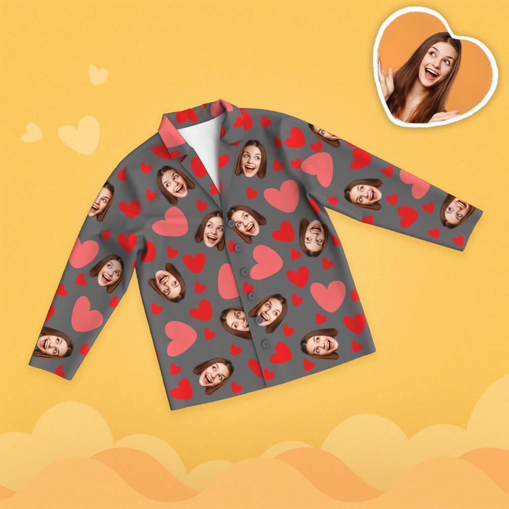 Valentine's Day Custom Face Red Heart Printed Long Sleeve Pajamas - 