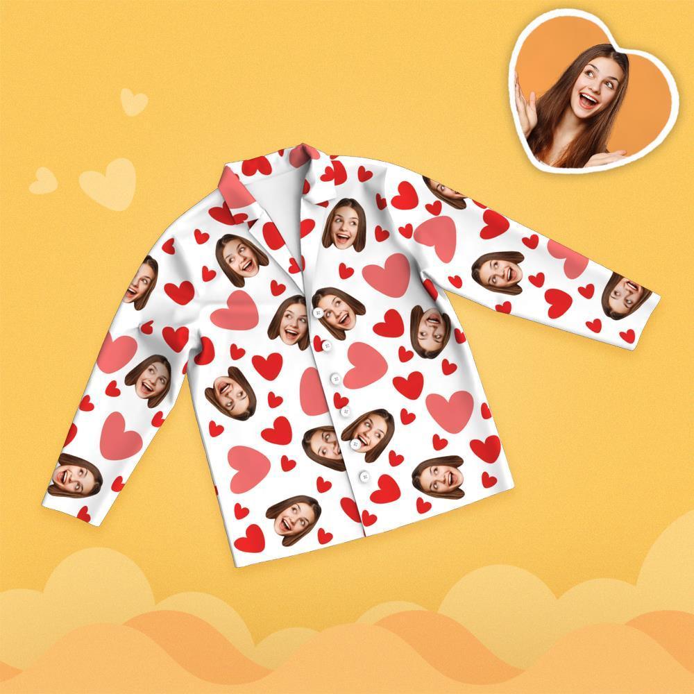 Valentine's Day Custom Face Red Heart Printed Long Sleeve Pajamas - 