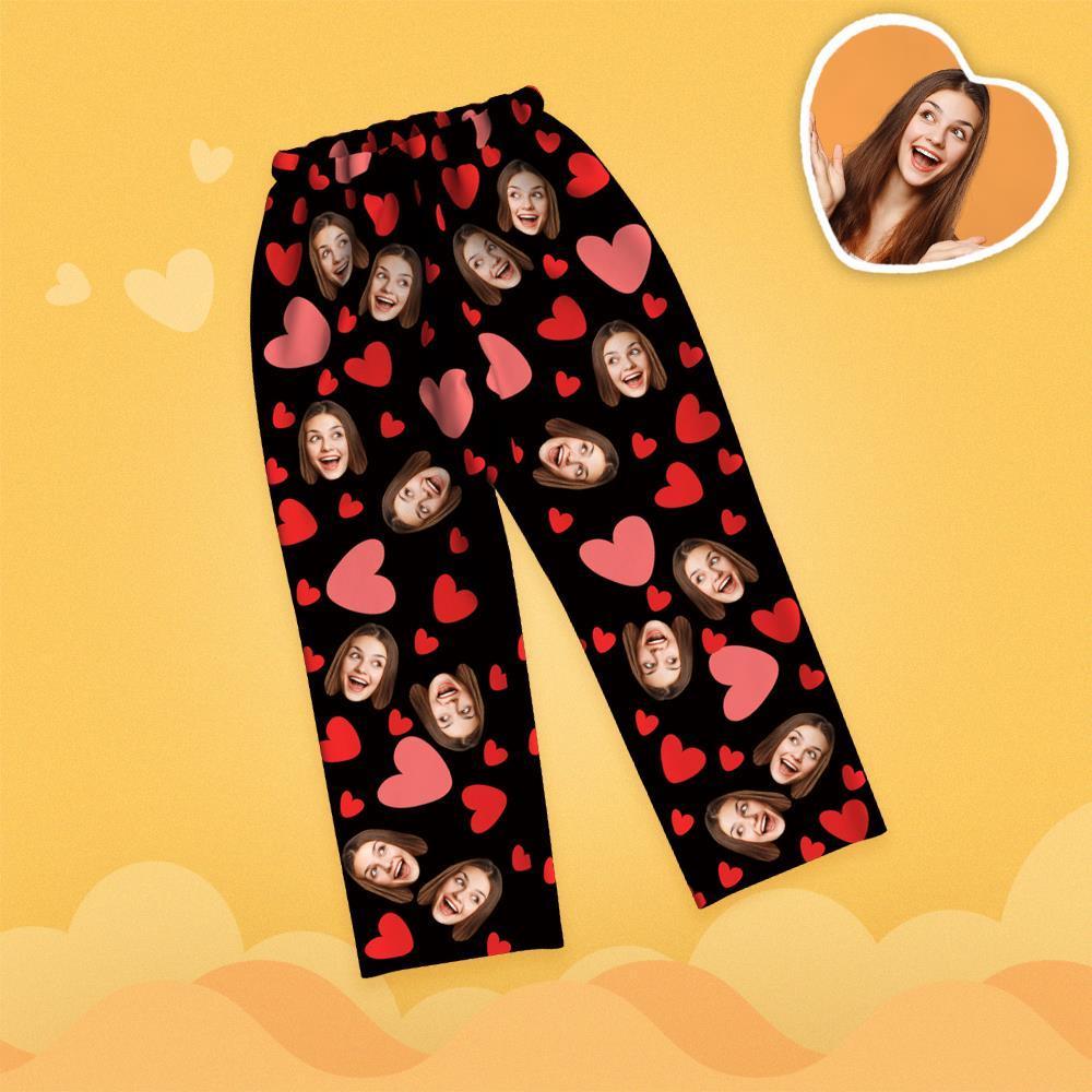 Valentine's Day Custom Face Red Heart Printed Long Sleeve Pajamas - 