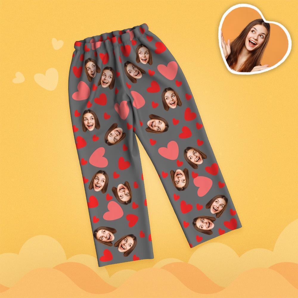 Valentine's Day Custom Face Red Heart Printed Long Sleeve Pajamas - 