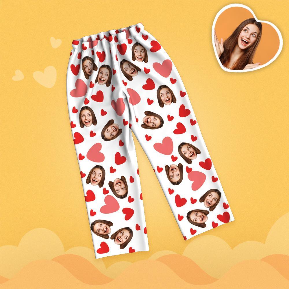 Valentine's Day Custom Face Red Heart Printed Long Sleeve Pajamas - 