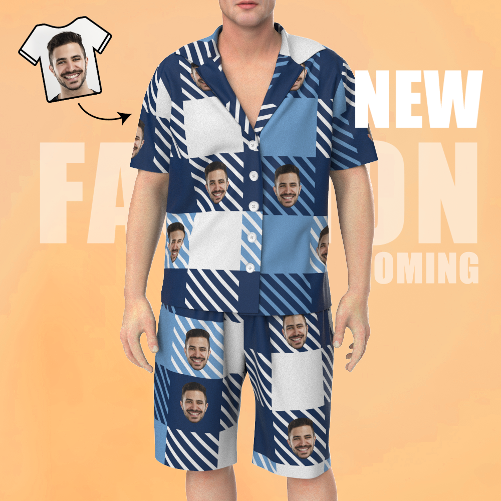 Custom Face Short Sleeve Blue Stripe Grid Pajamas - 