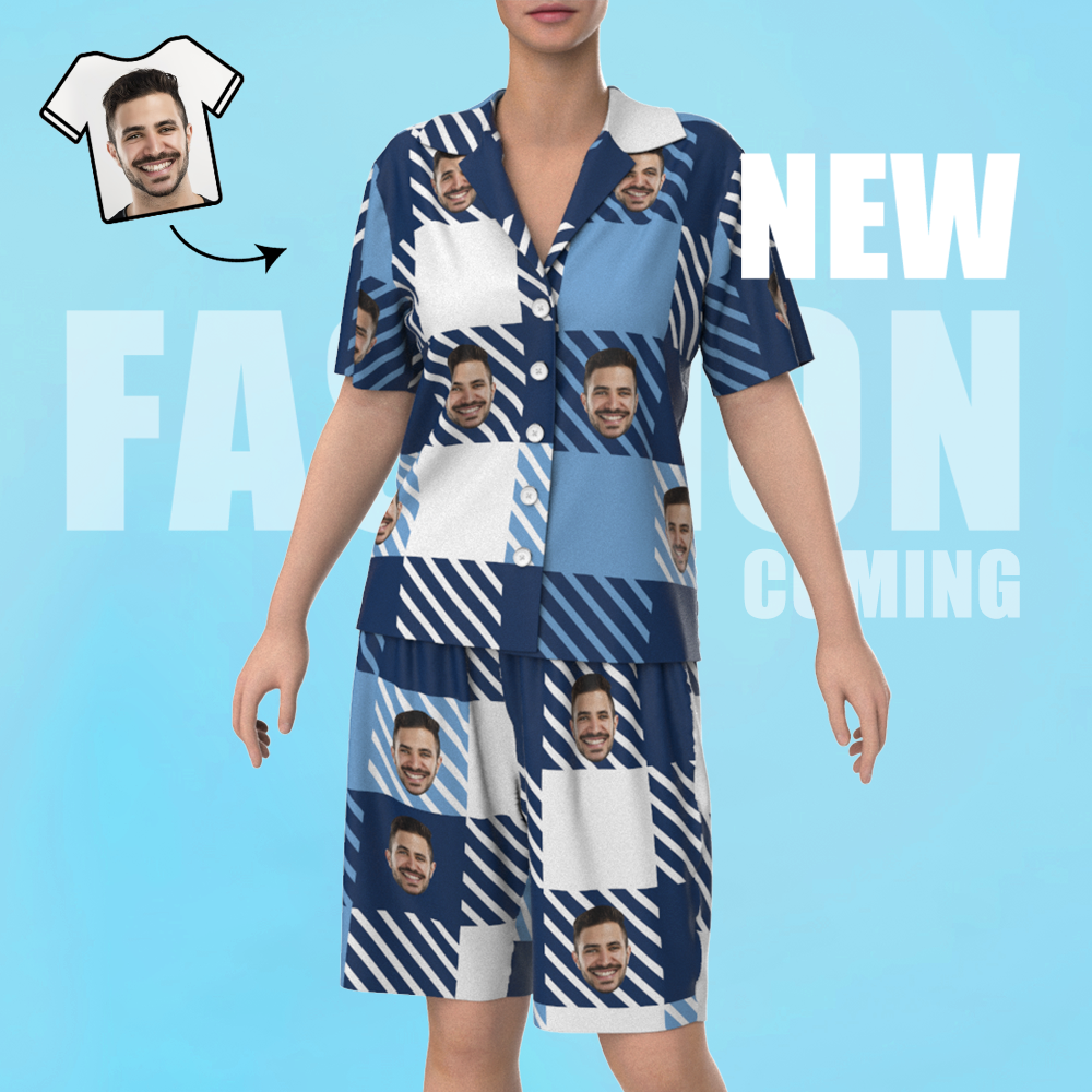 Custom Face Short Sleeve Blue Stripe Grid Pajamas - 