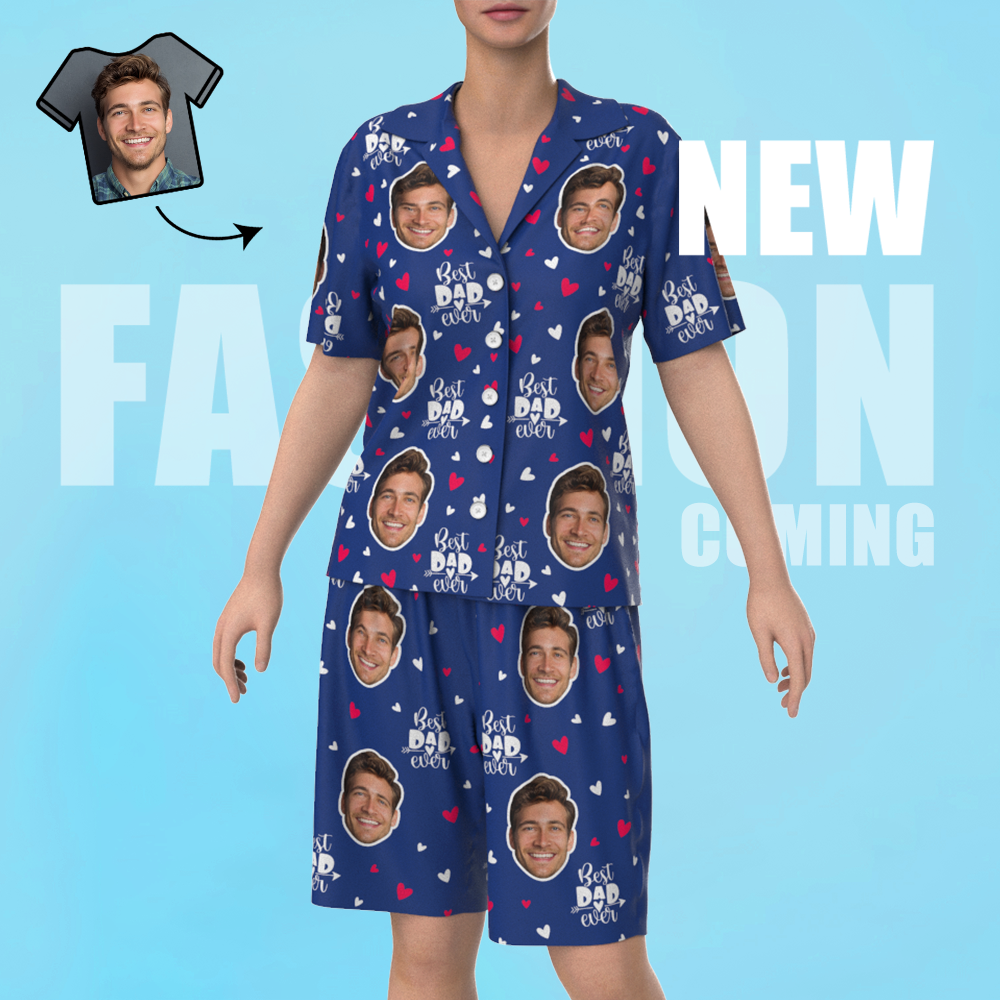Custom Face Short Sleeve Heart Pajamas Best Dad Ever - 
