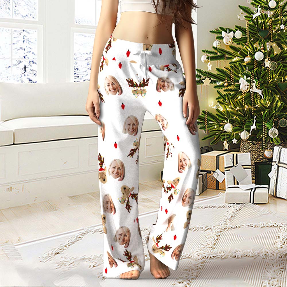 Custom Face Pants Ladie's Loose Wide-leg Pants Reindeer and Christmas lights Women's Pajama Pants Gift for Her - 