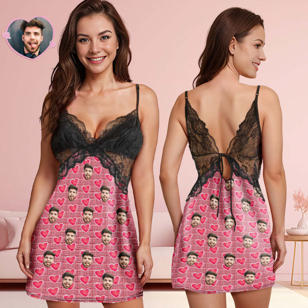 Custom Face Women Lace Sleepwear Romantic Heart Personalized Photo Nightwear Valentine's Day Gift - 