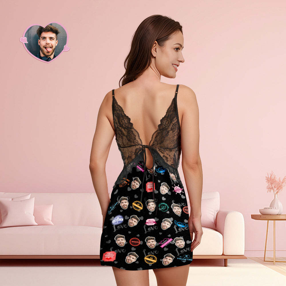 Custom Face Women Lace Sleepwear Love Stamps Personalized Photo Nightwear Valentine's Day Gift - 