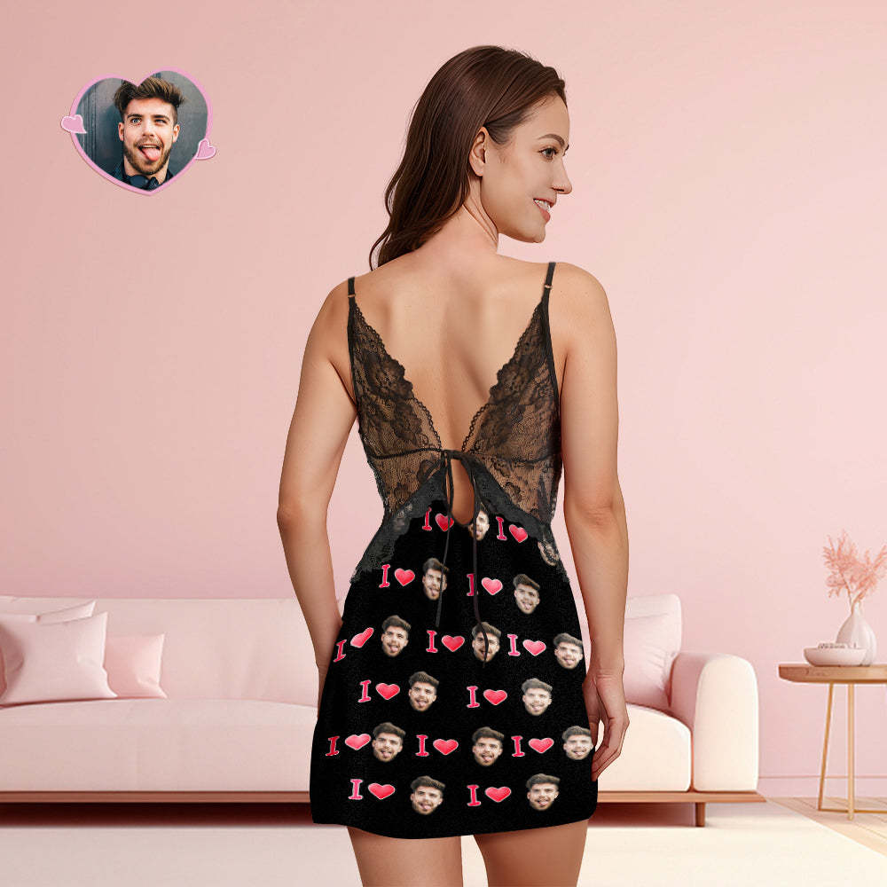 Custom Face Women Lace Sleepwear LOVE YOU Personalized Photo Nightwear Valentine's Day Gift - 