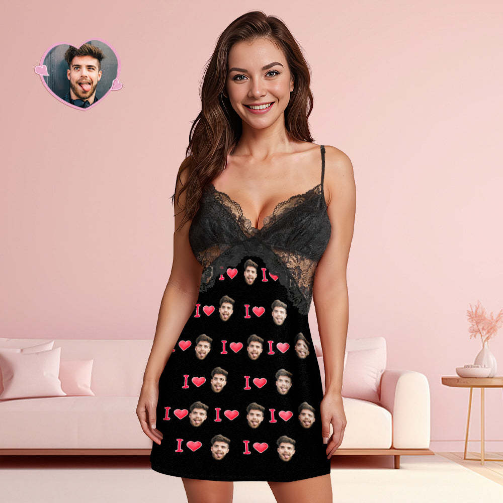Custom Face Women Lace Sleepwear LOVE YOU Personalized Photo Nightwear Valentine's Day Gift - 