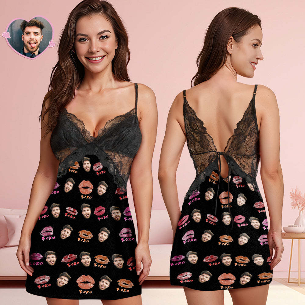 Custom Face Women Lace Sleepwear XOXO Personalized Photo Nightwear Valentine's Day Gift - 