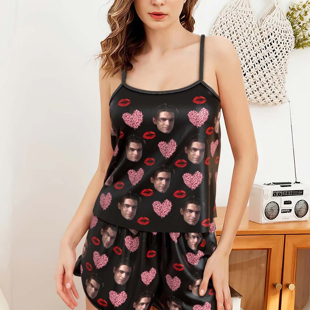 Custom Face Camisole Sleepwear Personalized Lingerie Set Kiss And Pink Heart Gift For Her - 