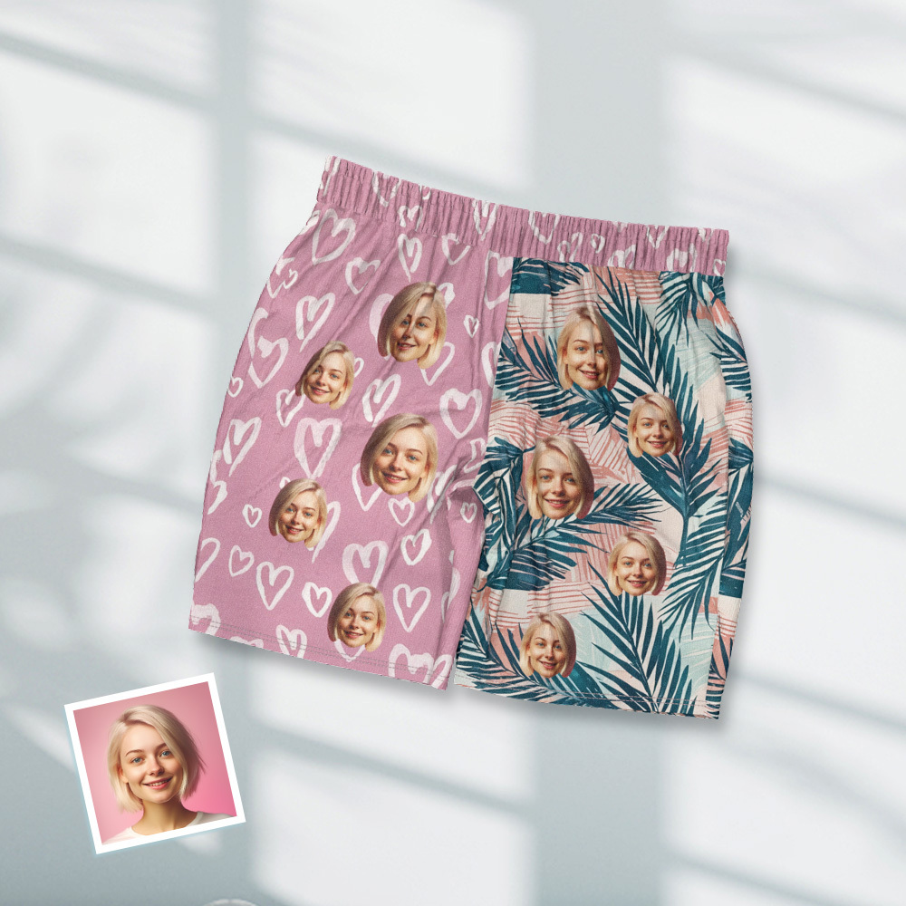 Custom Face Short Sleeve Pajamas Personalized Leaves Pajama Women Men Pink Sleepwear - 