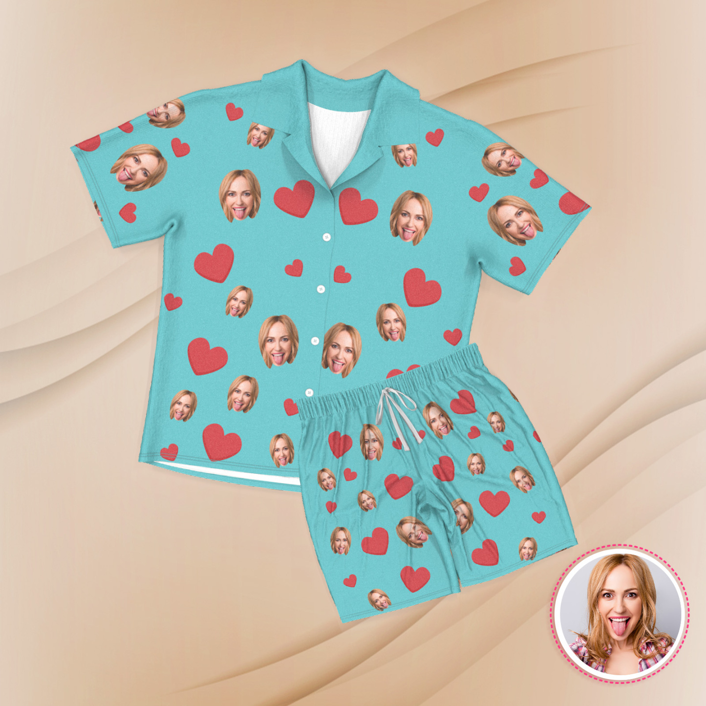 Custom Face Short Sleeve Pajamas Custom Red Heart Photo Pajamas - 