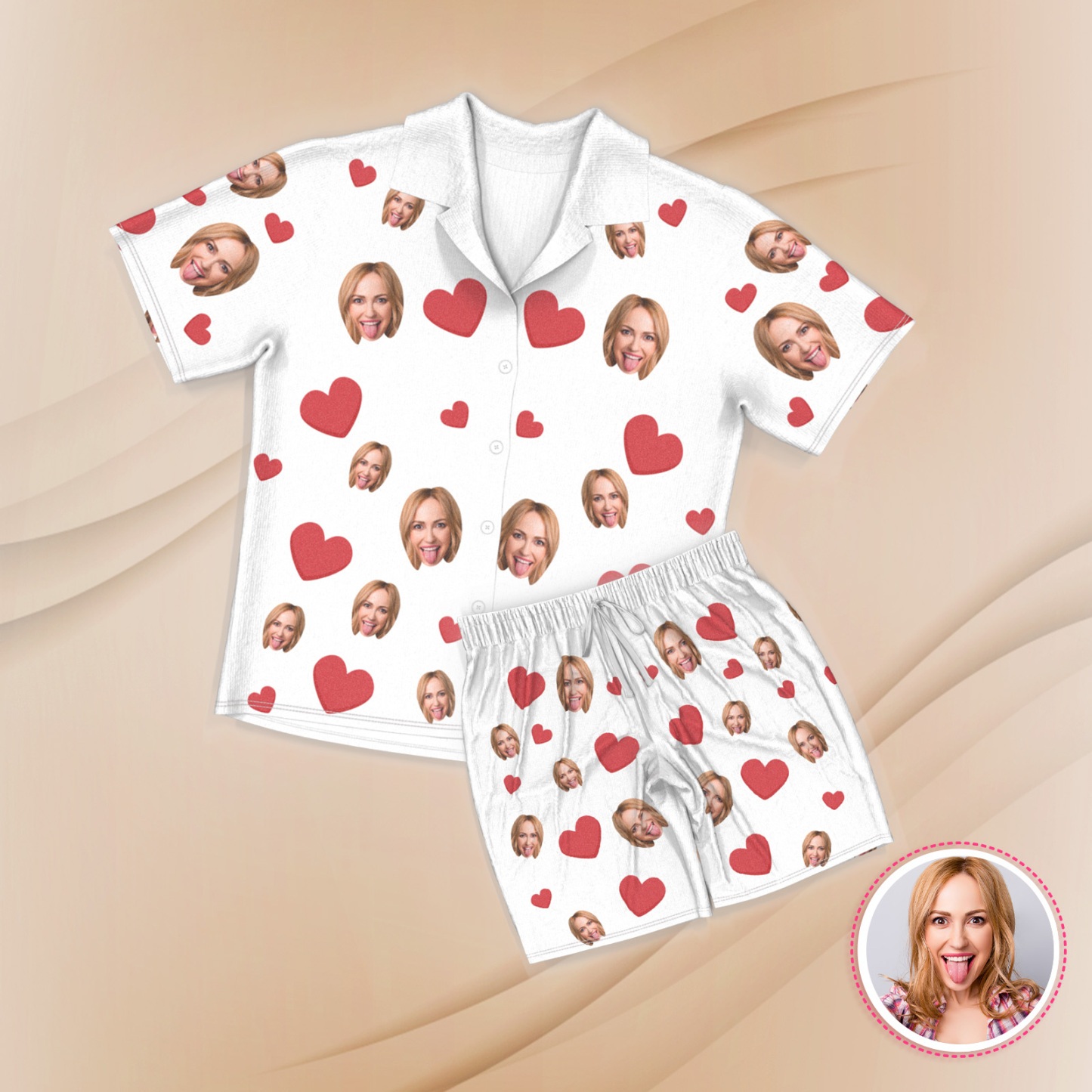 Custom Face Short Sleeve Pajamas Custom Red Heart Photo Pajamas - 