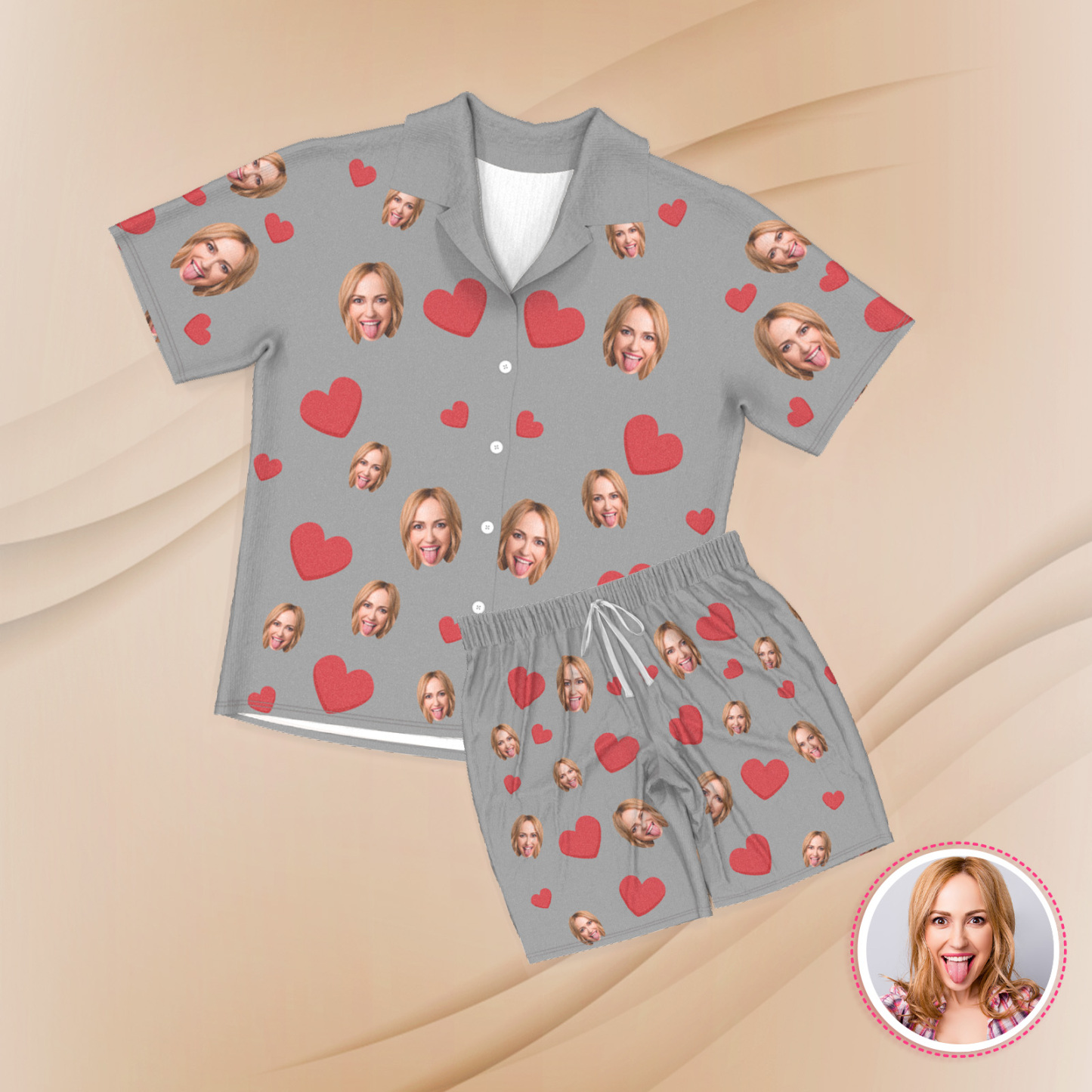 Custom Face Short Sleeve Pajamas Custom Red Heart Photo Pajamas - 