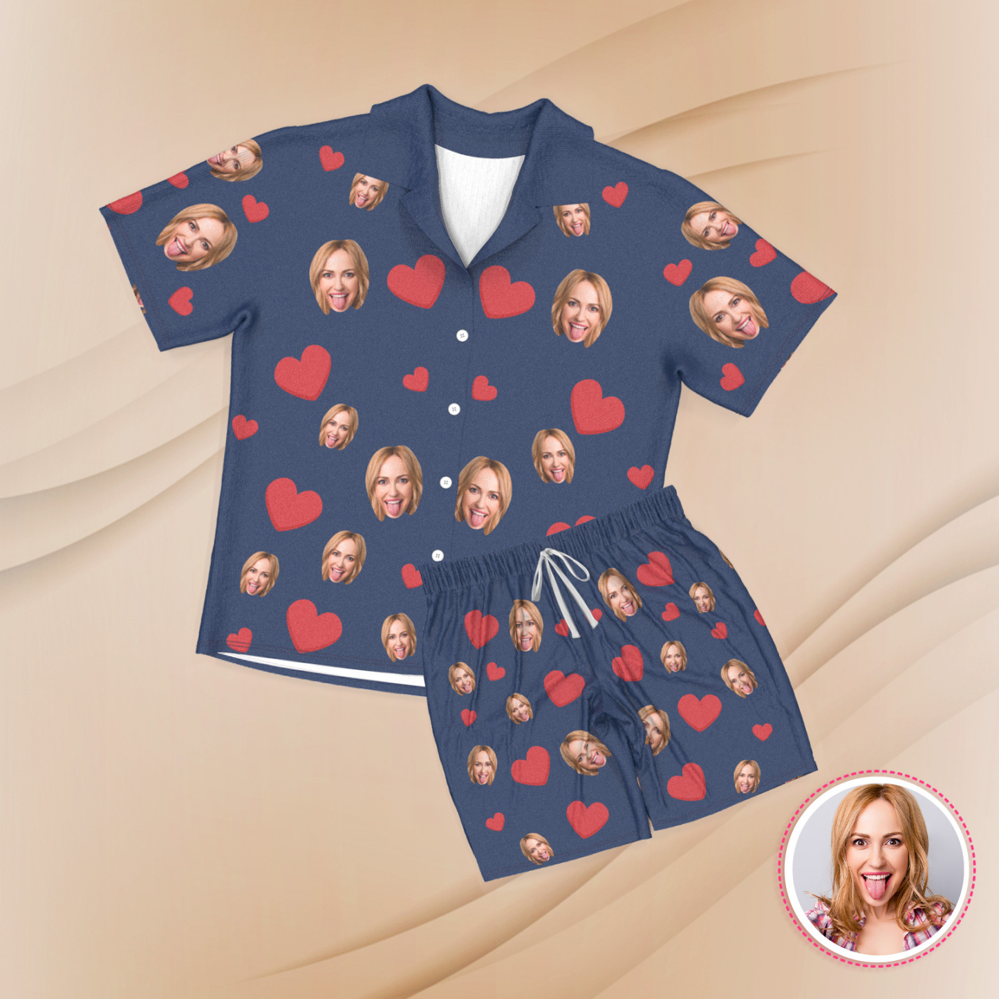 Custom Face Short Sleeve Pajamas Custom Red Heart Photo Pajamas - 