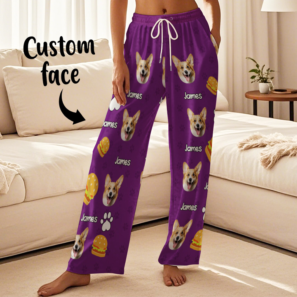 Custom Photo Funny Dog Cat Face Pajamas Pants Personalized Photo Bottoms Pet Lovers Pajamas - 