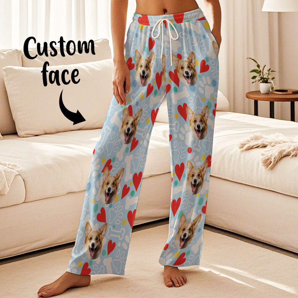 Custom Dog Face Pajamas Pants Personalized Photo Bottoms Pet Cat Heart Printed Pajamas - 