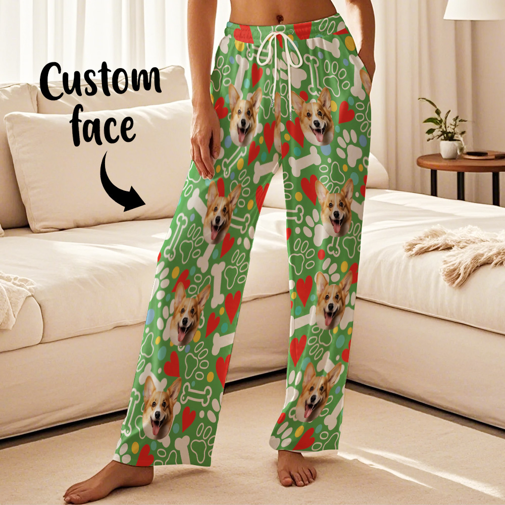 Custom Dog Face Pajamas Pants Personalized Photo Bottoms Pet Cat Heart Printed Pajamas - 