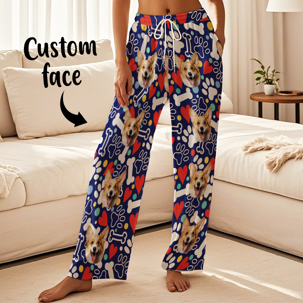 Custom Dog Face Pajamas Pants Personalized Photo Bottoms Pet Cat Heart Printed Pajamas - 