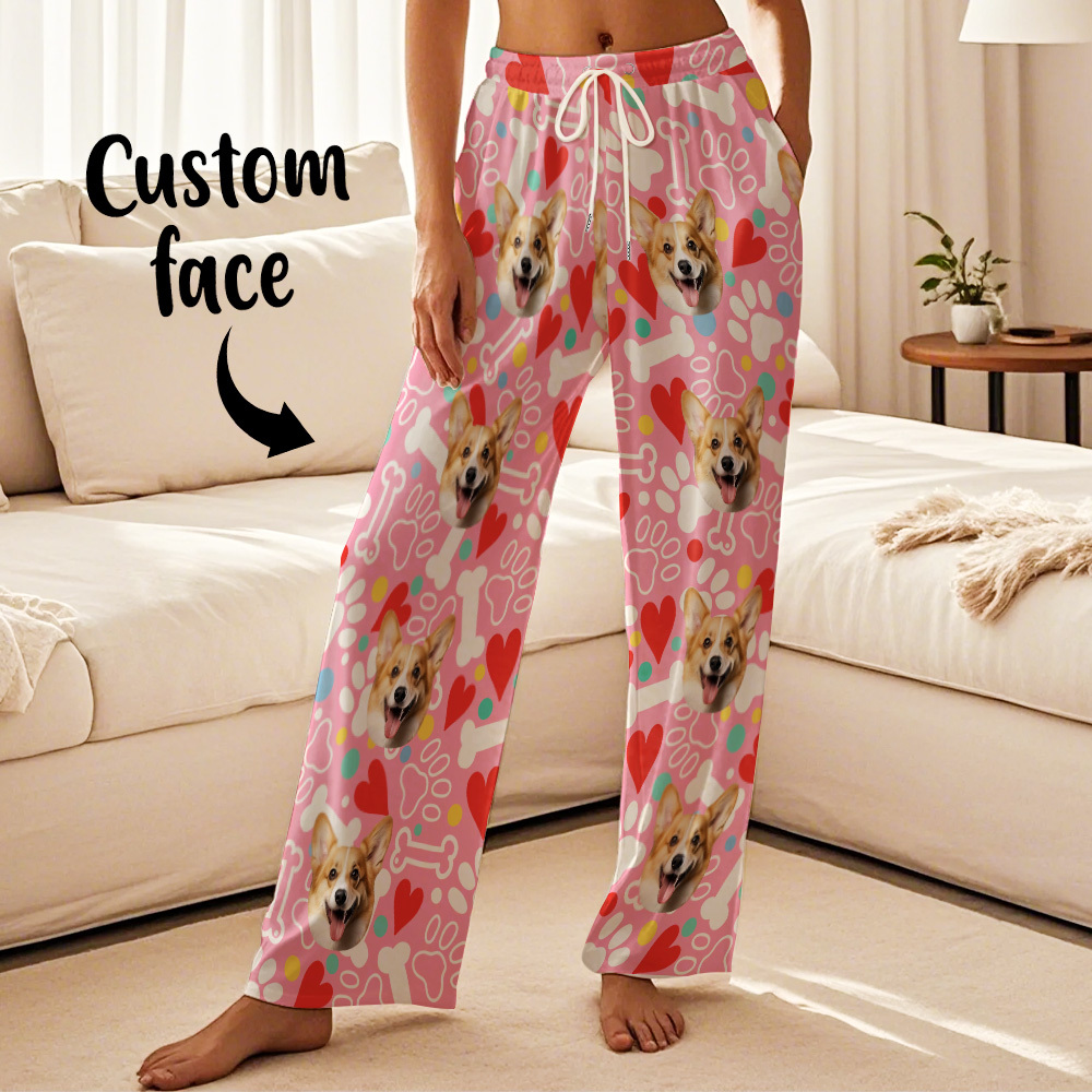 Custom Dog Face Pajamas Pants Personalized Photo Bottoms Pet Cat Heart Printed Pajamas - 