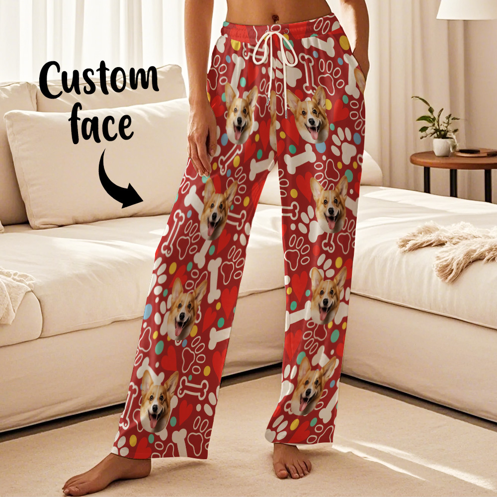 Custom Dog Face Pajamas Pants Personalized Photo Bottoms Pet Cat Heart Printed Pajamas - 