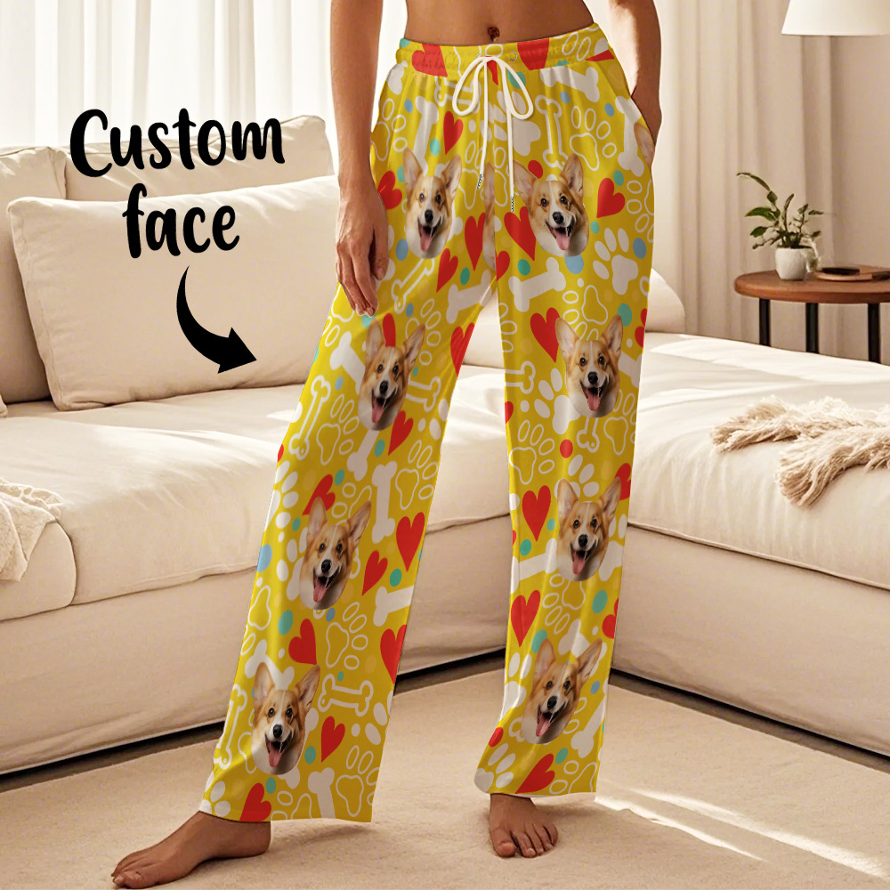 Custom Dog Face Pajamas Pants Personalized Photo Bottoms Pet Cat Heart Printed Pajamas - 