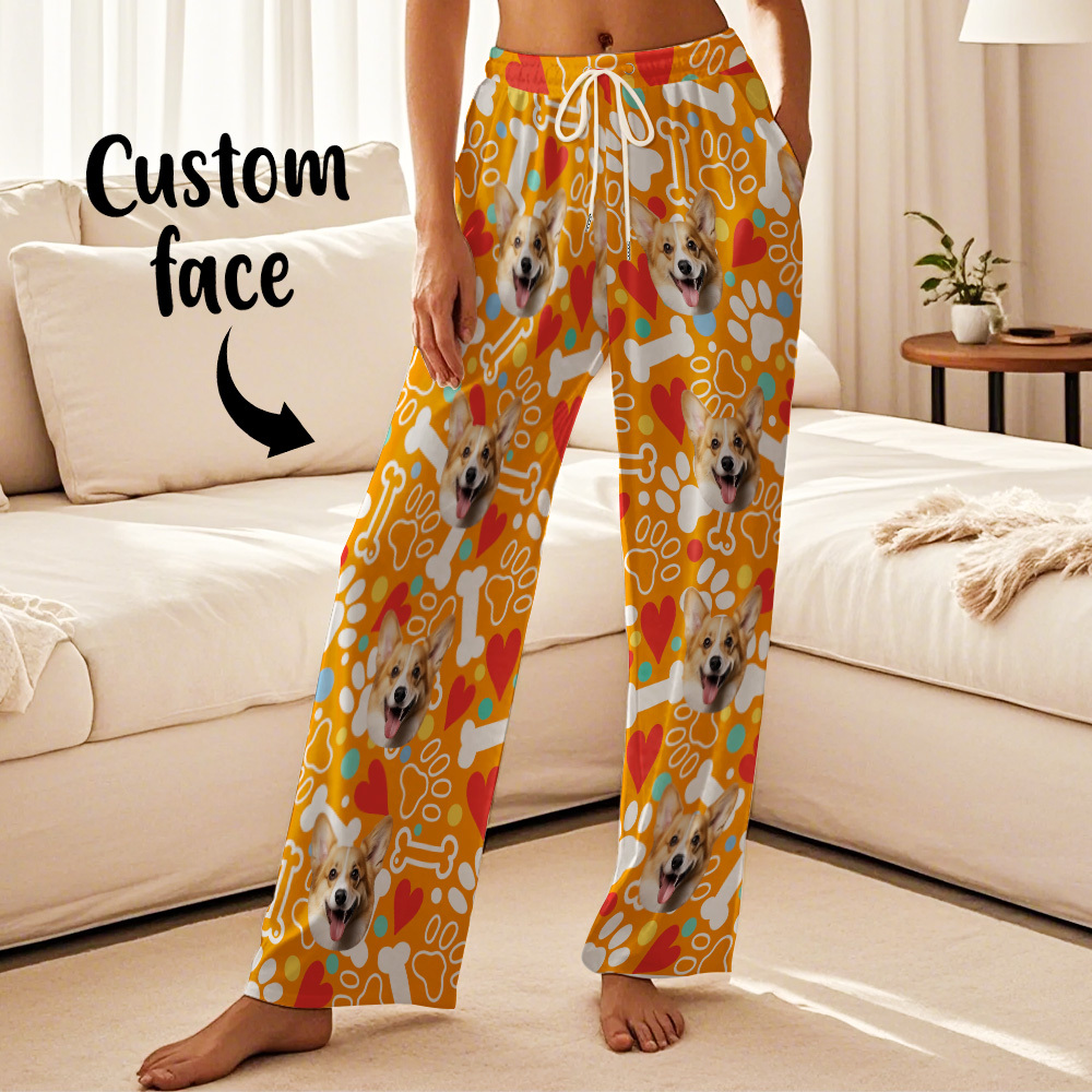Custom Dog Face Pajamas Pants Personalized Photo Bottoms Pet Cat Heart Printed Pajamas - 