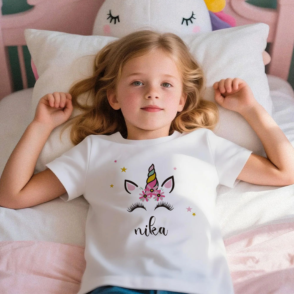 Custom Kid's Pajama Unicorn Style for Little Girls Soft Modal Fabric Homewear, Personalized Pajama Sizes 39in to 59in Short Sleeve & Shorts -